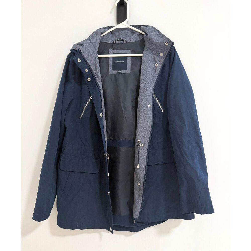 Nautica Navy Blue Hooded Anorak Rain Jacket Drawstring Waist L